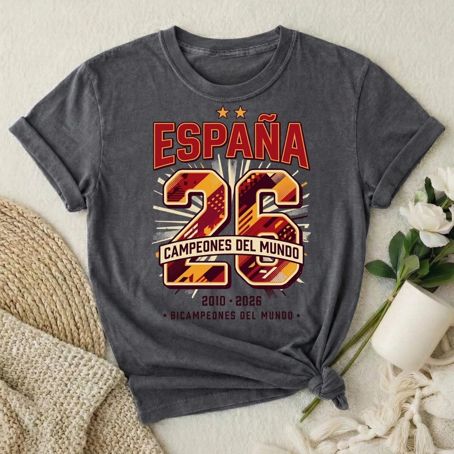Maillot de football Espagne España Campeones 2026 T-shirt Cadeau fan de football espagnol Rétro Double Champion T-shirt Femme Homme Tailles T-shirts